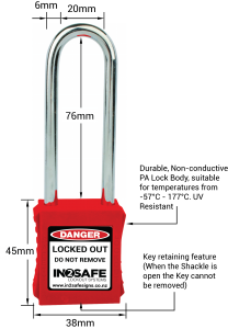 IN2SAFE Padlock Safety Steel Shackle KD 76mm Red