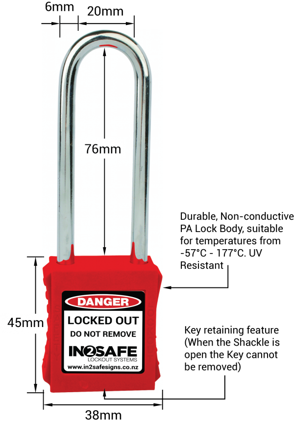 IN2SAFE Padlock Safety Steel Shackle KD 76mm Red