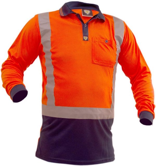 Caution Hi-Vis D/N Polo Long Sleeve Microfibre - Orange/Navy