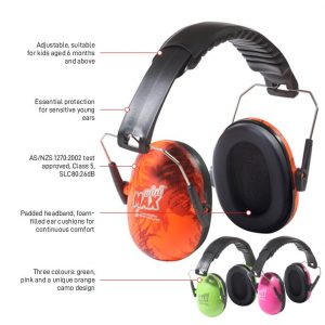 Esko MiniMax Kid’s Earmuff 26dB Class 5 Orange Camo, Green or Pink