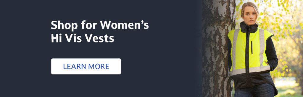 Banner-with-a-woman-in-hi-vis-vest-with-text-reading-shop-womens-hi-vis-vest-and-shop-now-button