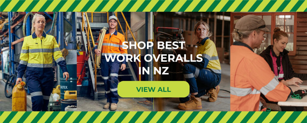 Workers-wearing-high-vis-yellow-and-orange-work-overalls-in-industrial-and-workshop-settings-in-New-Zealand.-Banner-text-reads-Shop-Best-Work-Overalls-in-NZ-with-a-green-View-All-button